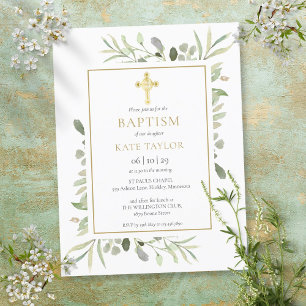 Baptism Christening Gold Cross Greenery Invitation Postcard