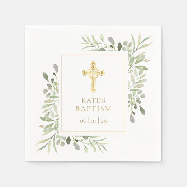 Baptism Christening Gold Cross Greenery Napkin (Front)
