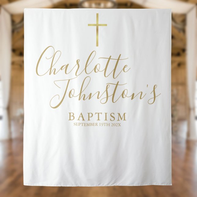 Baptism Christening Gold Script Photo Backdrop Tapestry (Creator Uploaded)