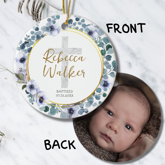 Baptism Christening Golden Blue Eucalyptus Flowers Ceramic Tree Decoration (Creator Uploaded)