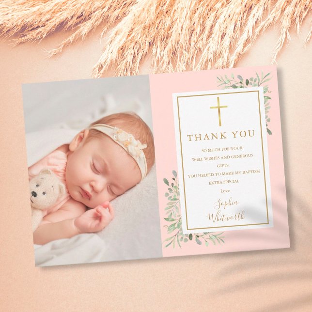 Baptism Christening Greenery Blush Pink Photo Thank You Card (Creator Uploaded)