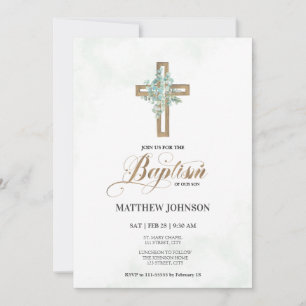 Baptism Christening Greenery Cross Elegant Script Invitation