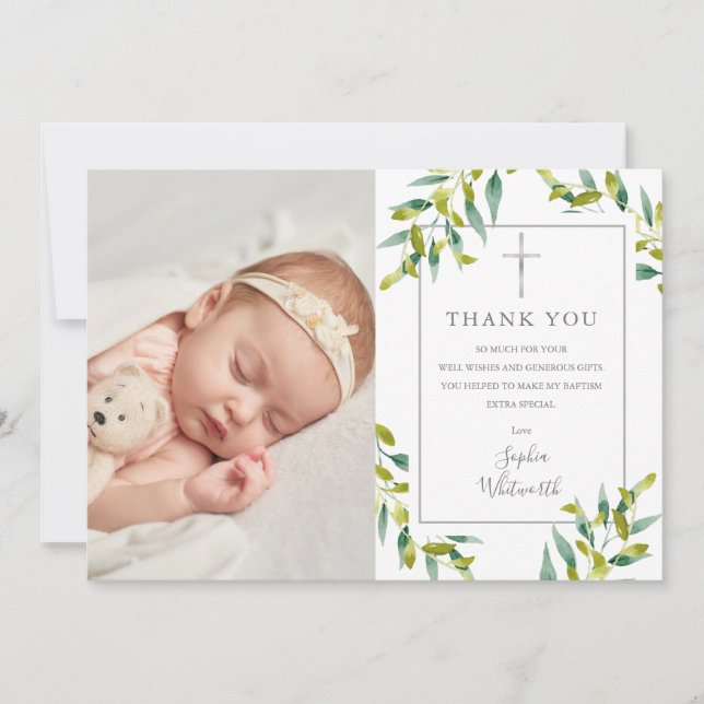 Baptism Christening Greenery Foliage Photo Thank You Card (Front)
