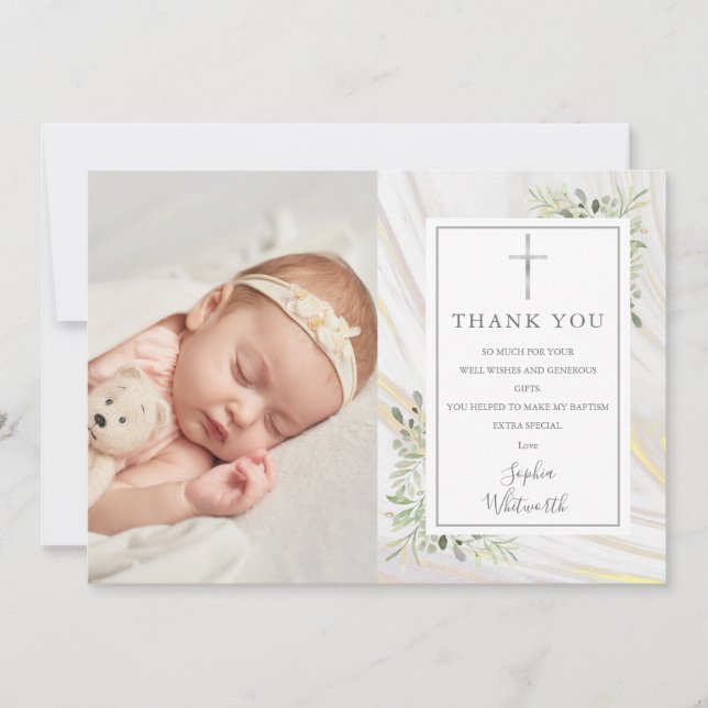 Baptism Christening Greenery Marble Swirl Photo Thank You Card (Front)