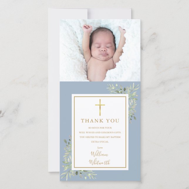 Baptism Christening Greenery Photo Blue Thank You Card (Front)