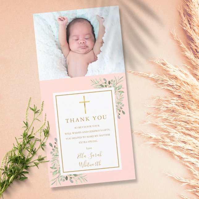 Baptism Christening Greenery Photo Blush Pink Thank You Card (Creator Uploaded)