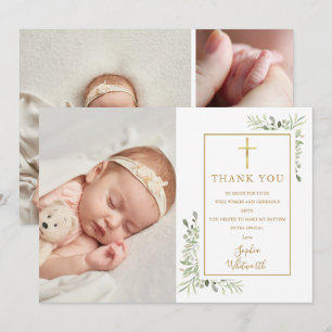 Baptism Christening Greenery Photo Collage Thank You Card