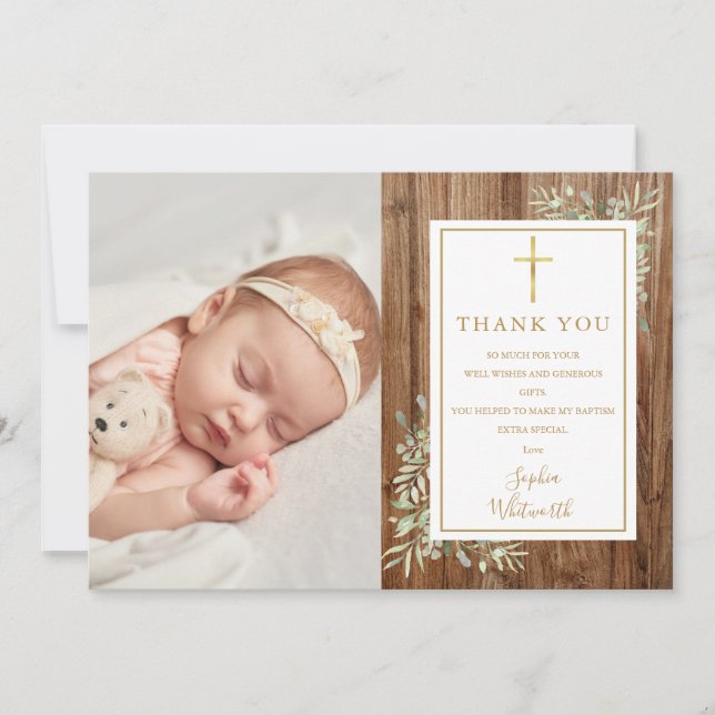 Baptism Christening Greenery Photo Rustic Wood Thank You Card (Front)