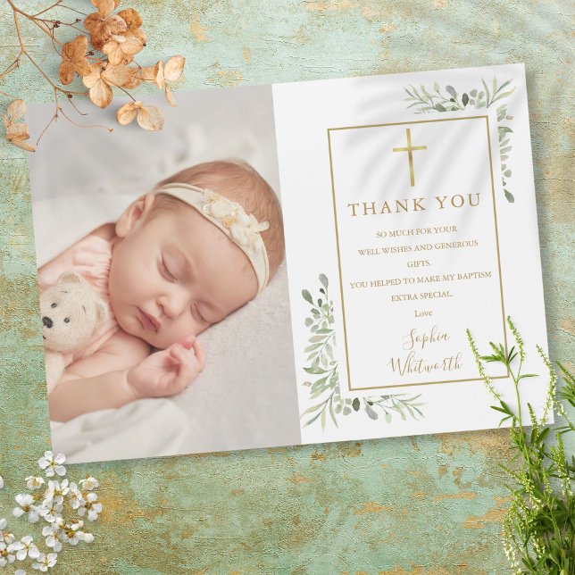 Baptism Christening Greenery Photo Thank You (Creator Uploaded)