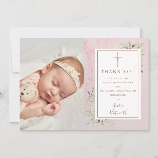 Baptism Christening Greenery Pink Marble Photo Thank You Card (Front)
