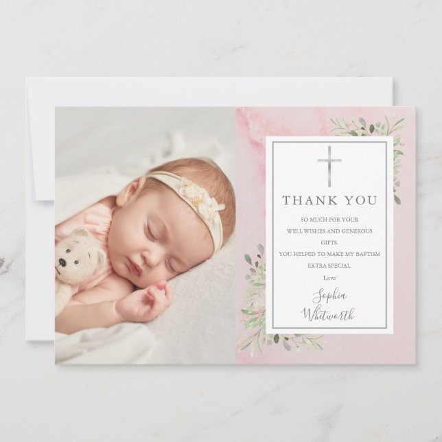 Baptism Christening Greenery Pink Marble Photo Thank You Card (Front)