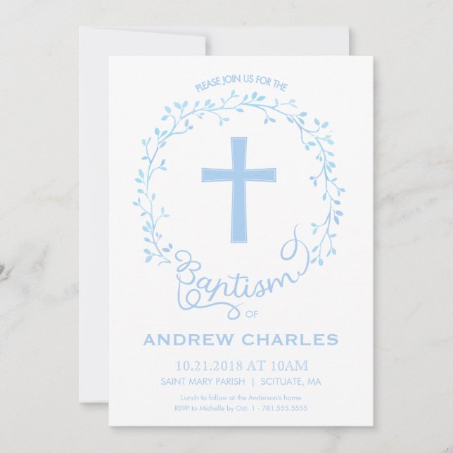 Baptism, Christening Invitation - Baby Boy Invite (Front)