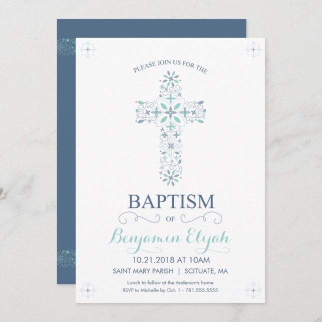 Baptism, Christening Invitation - Baby Boy Invite (Front/Back)
