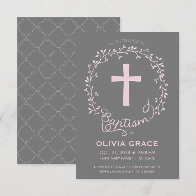 Baptism Christening Invitation - Baby Girl Invite (Front/Back)