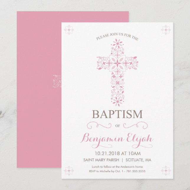 Baptism, Christening Invitation - Baby Girl Invite (Front/Back)