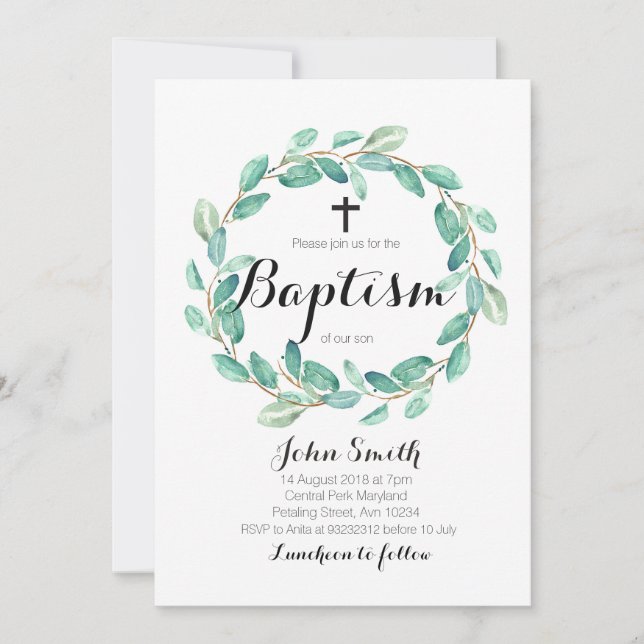 Baptism Christening Invitation Card Greenery (Front)