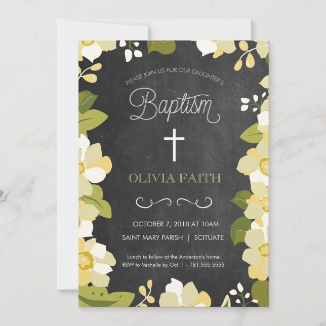 Baptism, Christening Invitation - Girl, Flowers (Front)