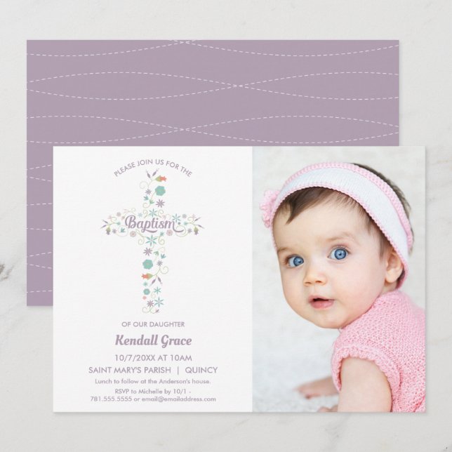 Baptism, Christening Invitation, Girl Photo Invite (Front/Back)