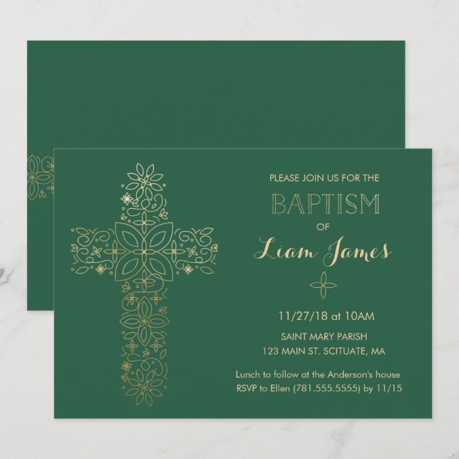 Baptism, Christening Invitation, Gold Cross Invite (Front/Back)