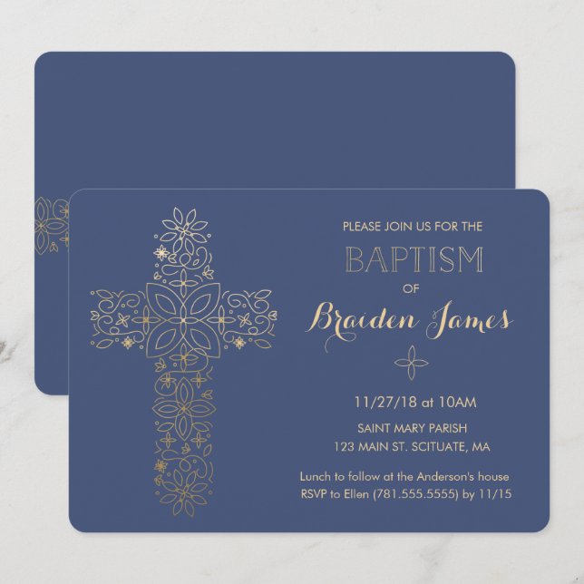 Baptism, Christening Invitation, Gold Cross Invite (Front/Back)