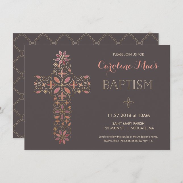 Baptism, Christening Invitation - Gold, Pink Cross (Front/Back)