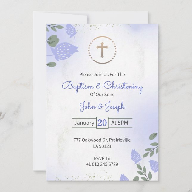 Baptism & Christening Invitation in floral design (Front)