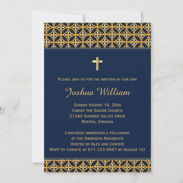 Baptism Christening Invitation Navy Blue Gold (Front)