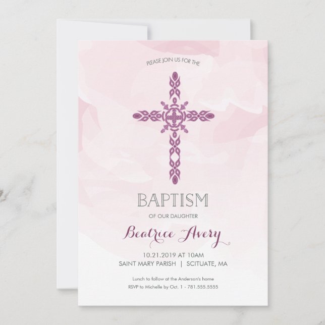 Baptism, Christening Invitation, trendy watercolor Invitation (Front)
