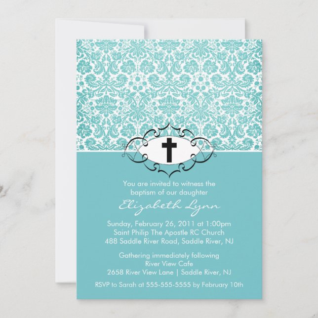 Baptism Christening Invitations Blue Damask (Front)