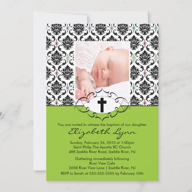 Baptism Christening Invitations Photo Black Damask (Front)