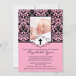 Baptism Christening Invitations Photo Damask Pink