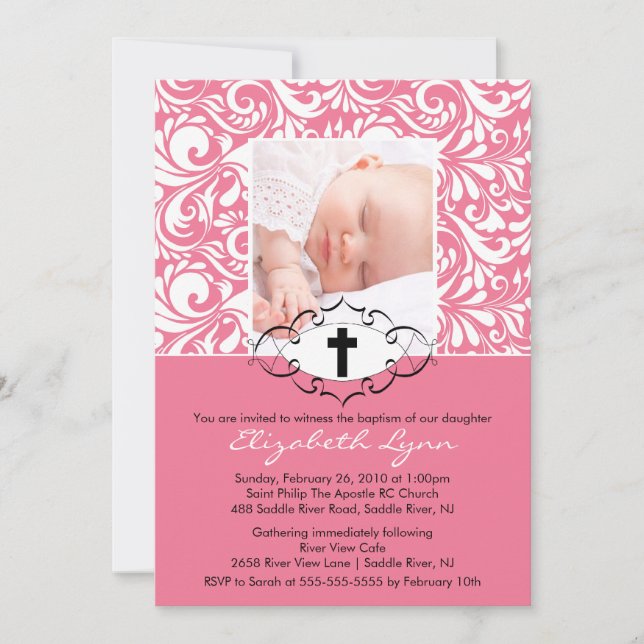 Baptism Christening Invitations Photo Pink Swirls (Front)