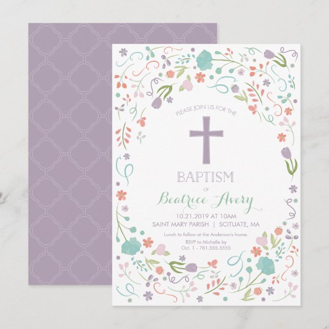 Baptism, Christening Invite - Flowers, Cross (Front/Back)