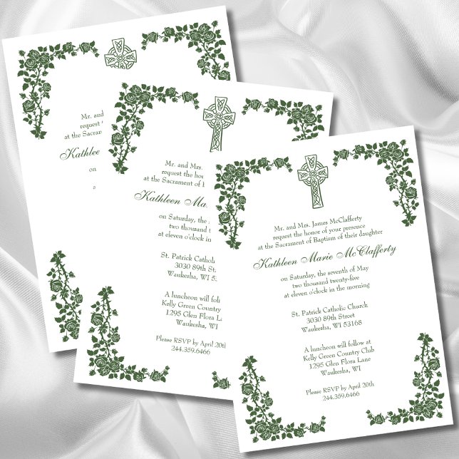 Baptism Christening Irish Green Celtic Cross  Invitation (Creator Uploaded)