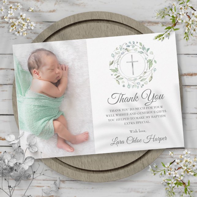 Baptism, Christening Laurel Floral Photo Thank You Card (Baptism, Christening Laurel Floral Photo Thank You Card)