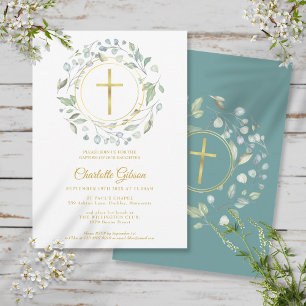 Baptism Christening Laurel Garland Gold Cross Invitation