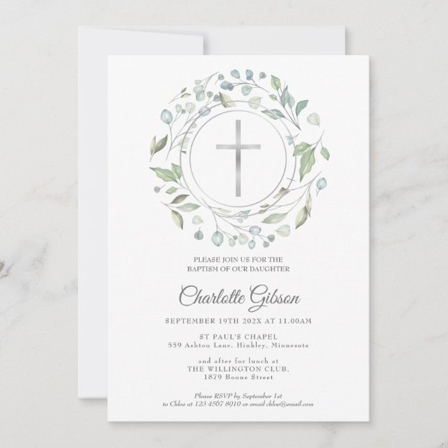 Baptism Christening Laurel Garland Silver Cross Invitation (Front)