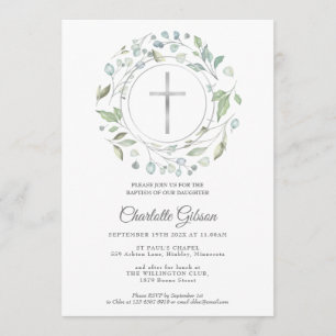 Baptism Christening Laurel Garland Silver Cross Invitation