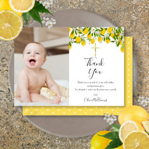 Baptism Christening Lemons Gold Cross Photo Thank You Card