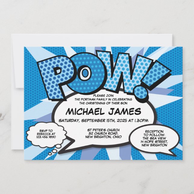 Baptism Christening Modern Comic Book Blue Invitation (Front)