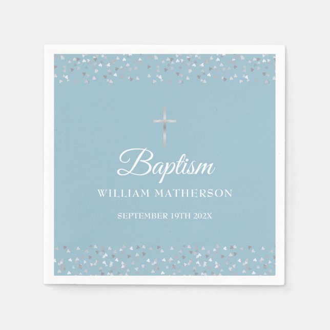 Baptism Christening Modern Silver Hearts  Napkin (Front)
