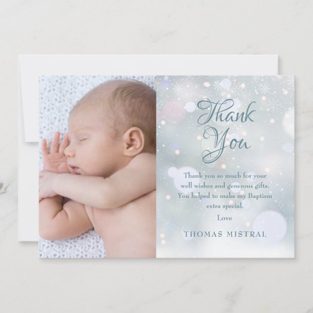 Baptism, Christening Photo Elegant Winter  Thank You Card (Front)