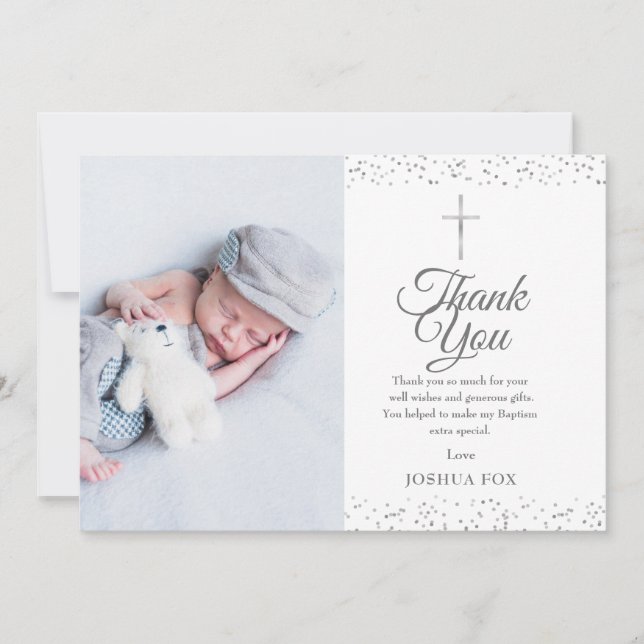 Baptism, Christening Photo Modern Silver  Thank You Card (Front)