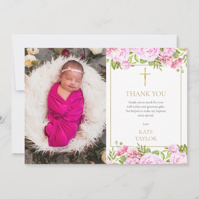  Baptism Christening Photo Pink Rose Floral Thank You Card (Front)