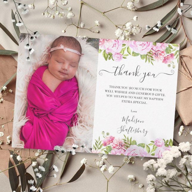  Baptism Christening Photo Pink Rose Floral Thank You Card (Baptism Christening Photo Pink Rose Floral Thank You Card)