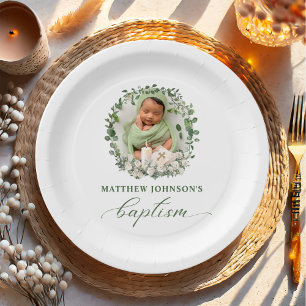 Baptism Christening Photo Roses Floral Paper Plate