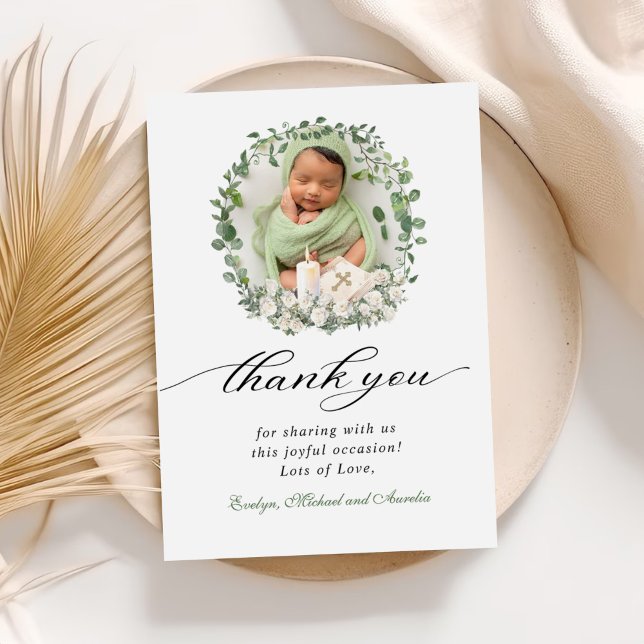 Baptism Christening Photo Roses Floral Thank You Card (Creator Uploaded)