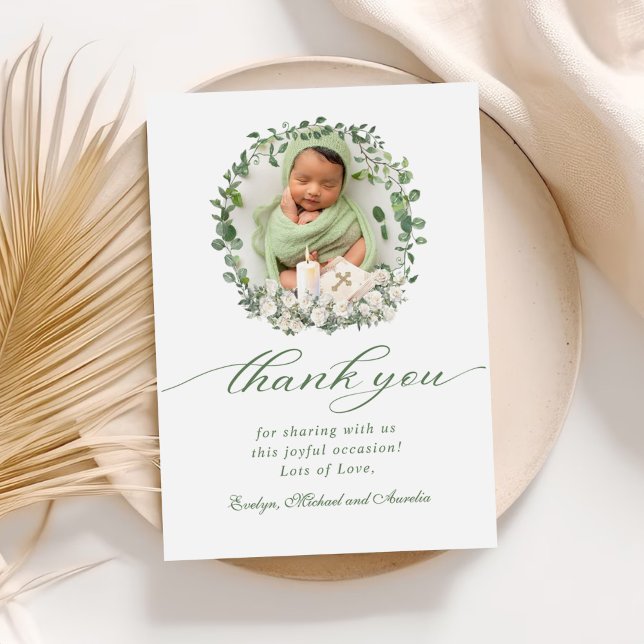 Baptism Christening Photo Roses Floral Thank You Card (Creator Uploaded)