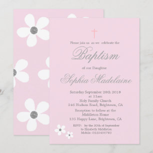 Baptism Christening Pink Daisy Silver Girl Invitation