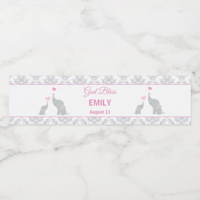 Baptism Christening Pink Elephants Bottle Label (Single Label)